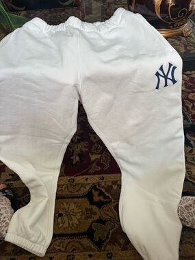 Madhappy  White Sweatpants with Navy Logo NY Yankees